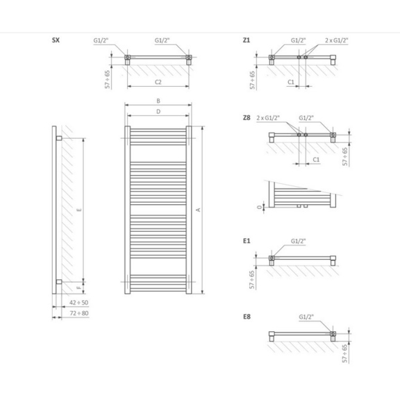 TERMA Bone Badheizkörper - Abmessungsschema