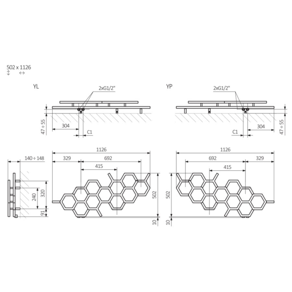 TERMA Hex Designheizkörper 502x1126mm Schema
