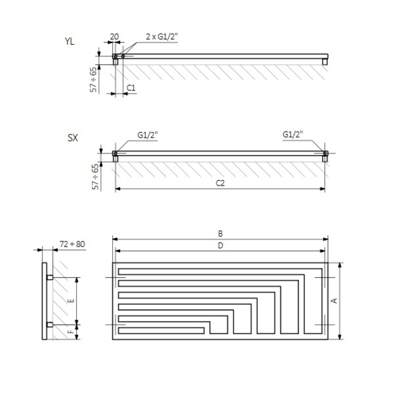 TERMA Angus H Designheizkörper Abmessungen - Schema