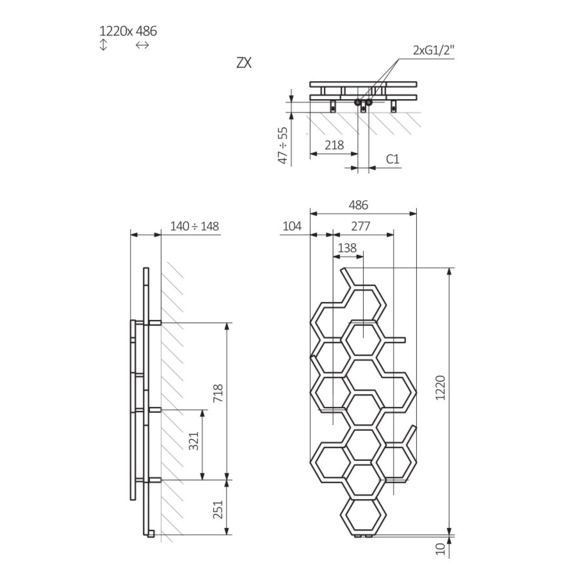 TERMA Hex Designheizkörper 1220x486mm Schema