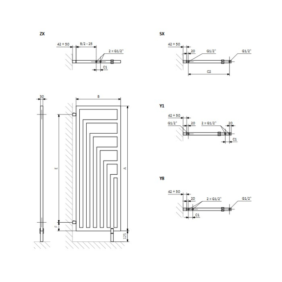 TERMA Angus DW Designheizkörper - Abmessungen - Schema