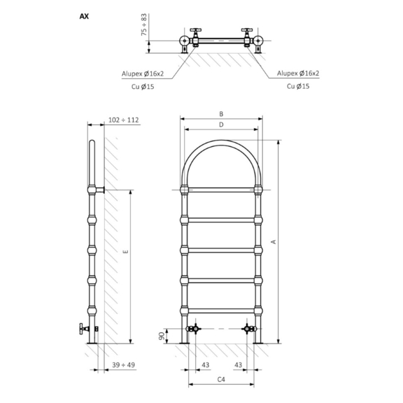 TERMA Retro S Designheizkörper Abmessungen - Schema
