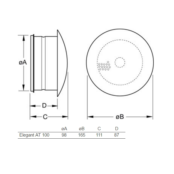 Elegant AT 100 Luftauslass - Abmessungen