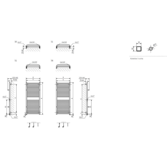 TERMA Lima ONE Badheizkörper RAL 9016 Abmessungen - Schema