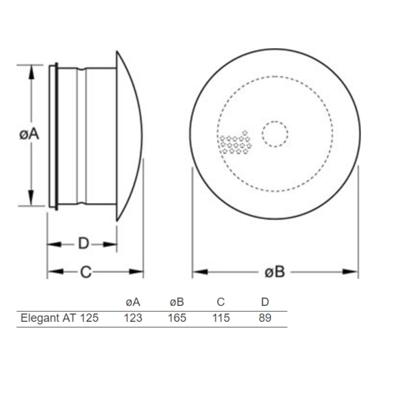 Elegant AT 125 Luftauslass - Abmessungen
