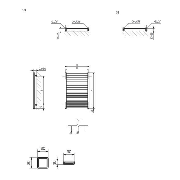 TERMA Marlin ONE Badheizkörper RAL 9016 - Abmessungen - Schema