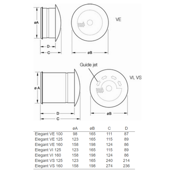 Elegant VE 100 Luftauslass - Abmessungen
