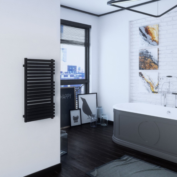 TERMA Quadrus Bold One Badheizkörper 1185x450 Farbe Metallic Black im Interieur