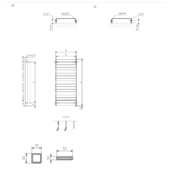 TERMA Warp T ONE Deisgnheizkörper Einbauskizze